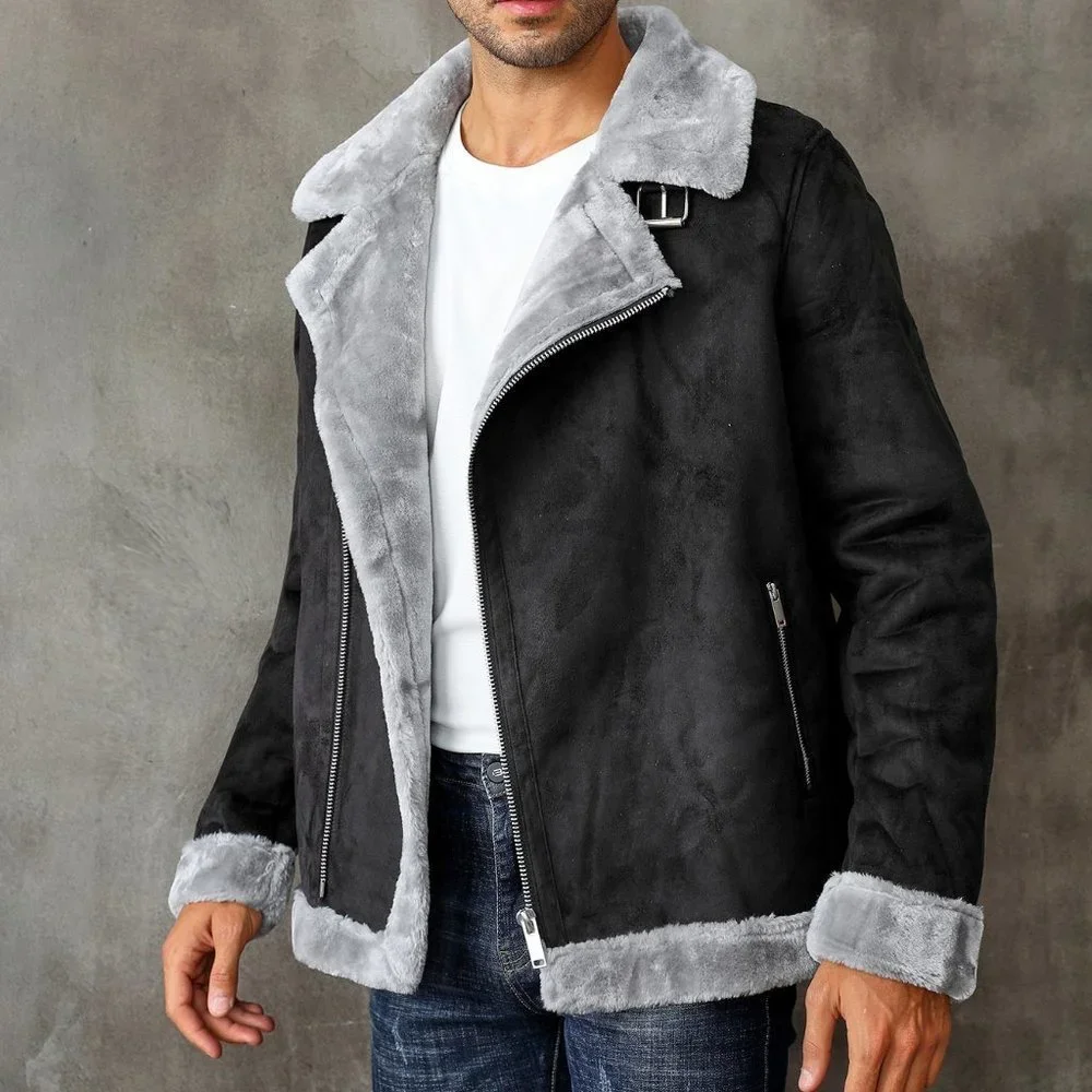 Black Casual Mens Zip Up Lapel Neck Teddy Lined Coat - Picture 3 of 8